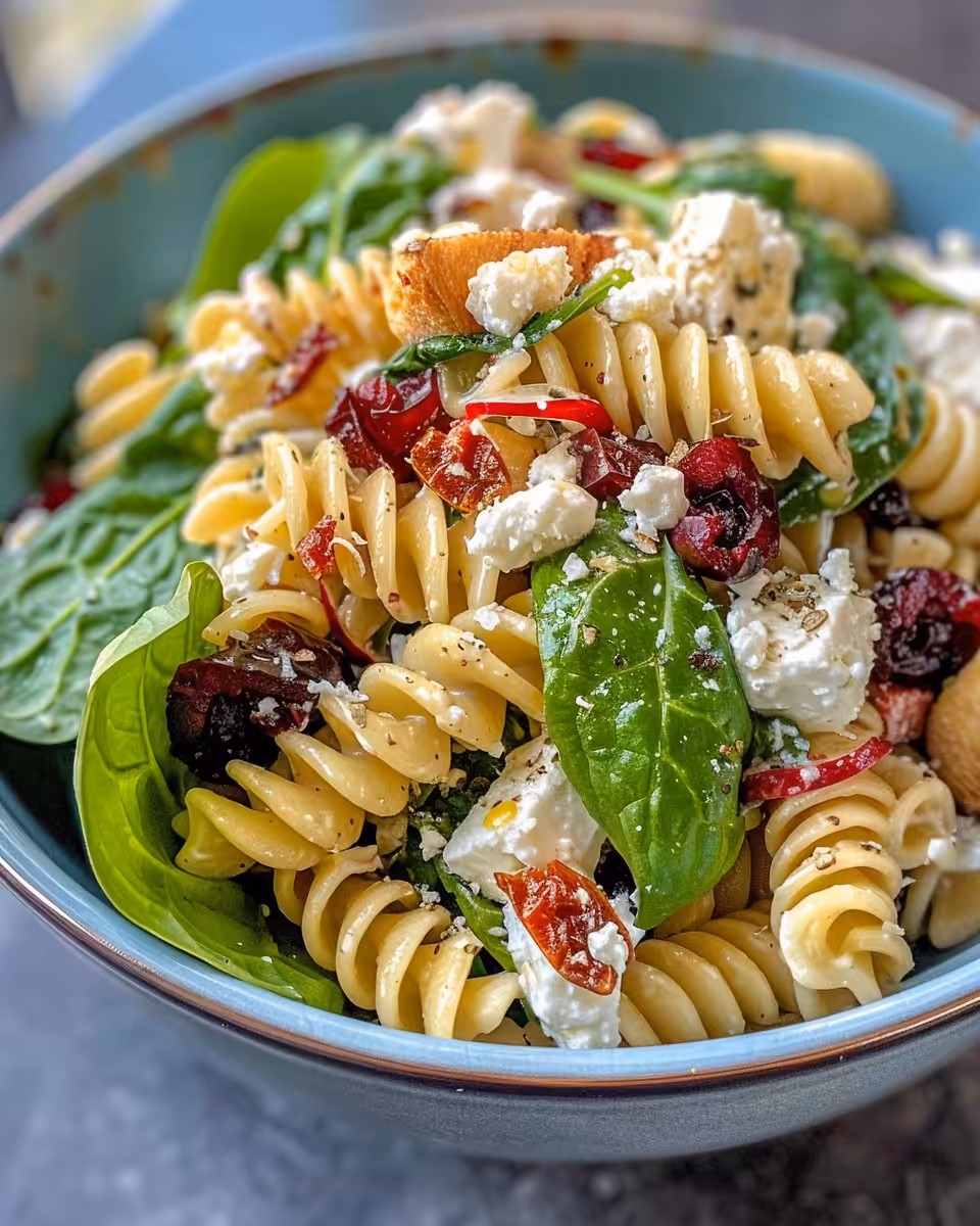 Ingredients for spinach pasta salad neatly arranged