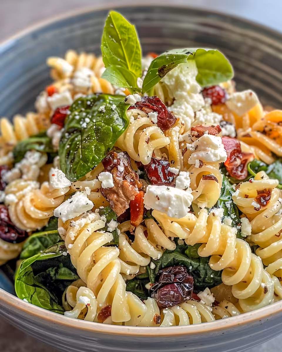 Finished spinach pasta salad served and ready to eat