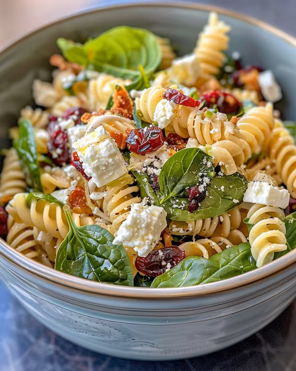 Fresh spinach pasta salad with mandarin oranges in a bowl