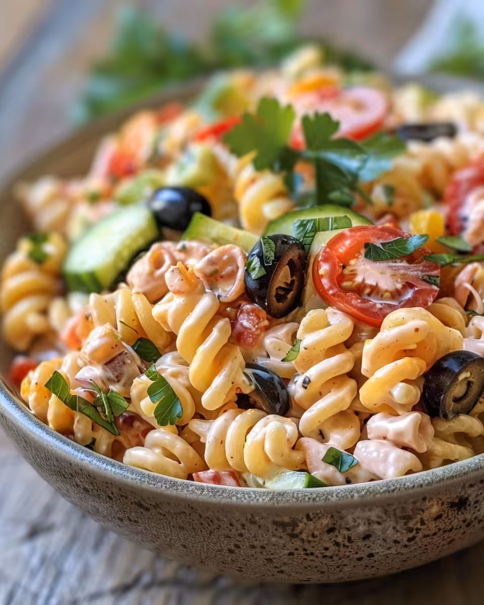 Close-up of Olive Garden copycat pasta salad in pressure cooker
