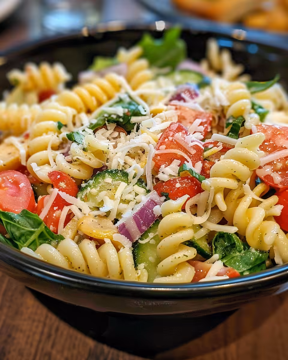 Ingredients for pressure cooker pasta salad including mozarella, veggies, salami and dressing