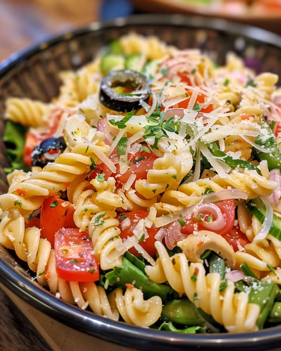 Final plated pasta salad served chilled with fresh herbs and mozzarella