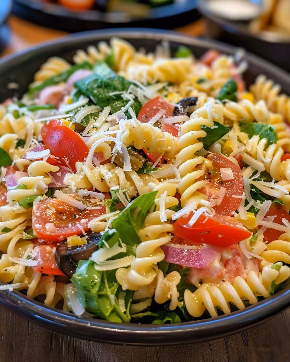 Steaming pressure cooker with pasta salad inside, aromatic and inviting