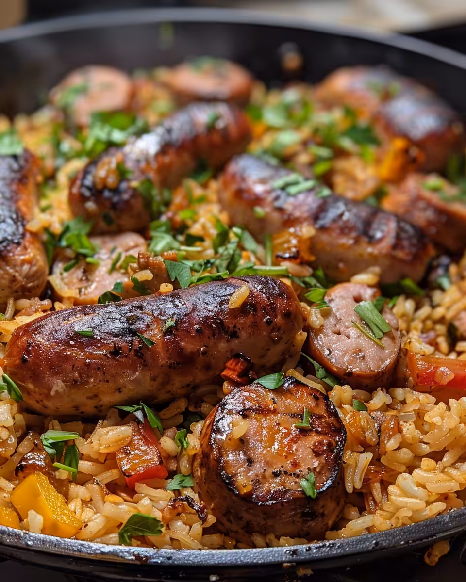 Final served Cajun chicken sausage rice dish garnished with cilantro