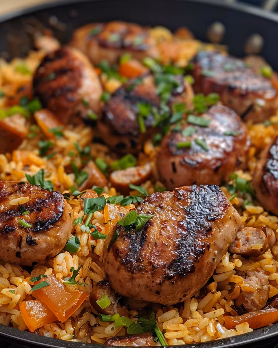 One pan Cajun chicken sausage with rice cooking in pressure cooker