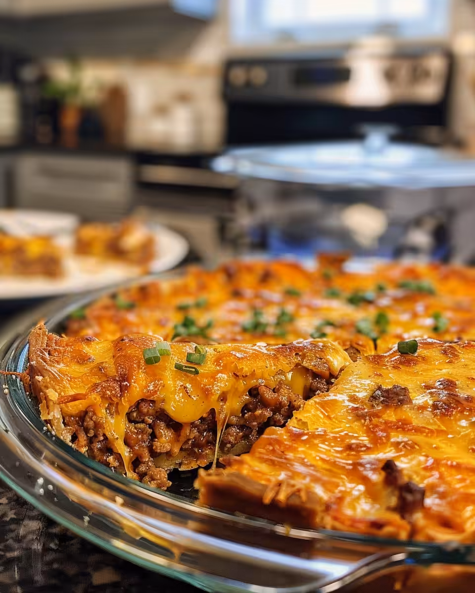 Final sliced cheeseburger pie on plate ready to serve