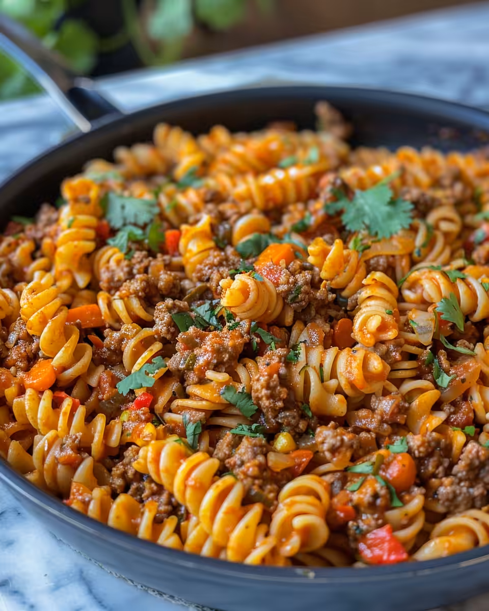 Ingredients laid out for one-pot beef taco pasta including ground beef and spices