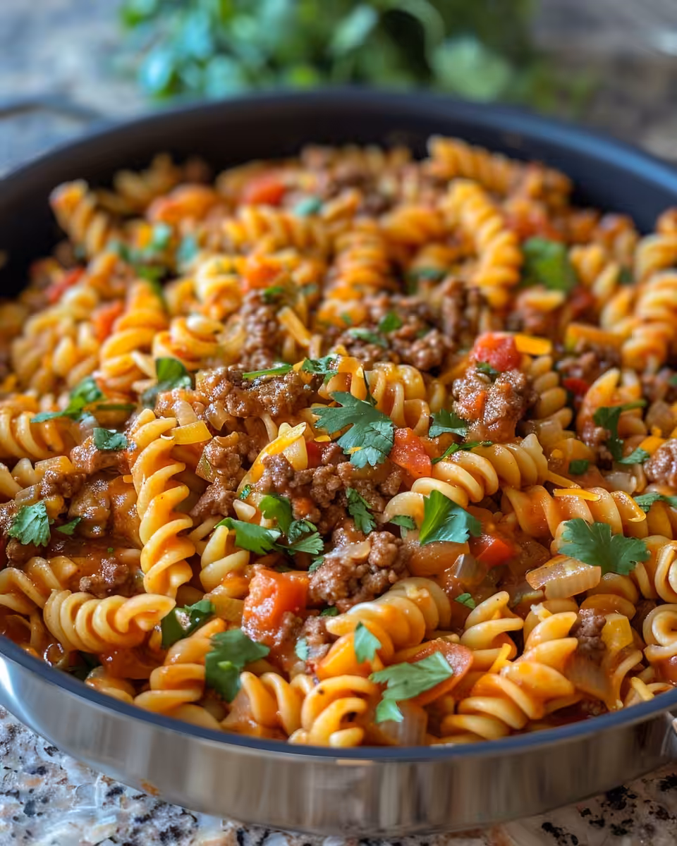 Served one-pot beef taco pasta with creamy cheese and beans, ready to enjoy
