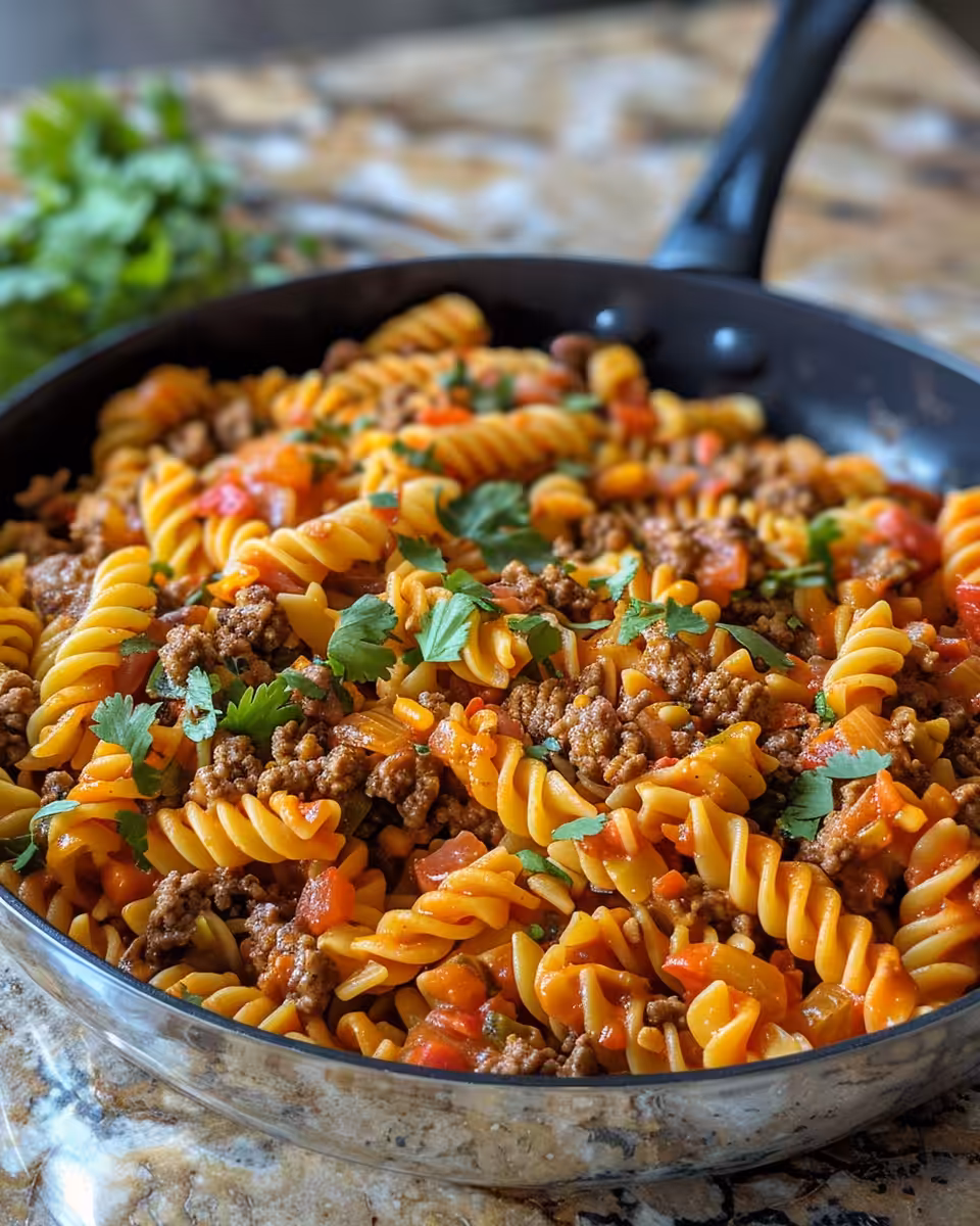 One-pot beef taco pasta cooking in pressure cooker with steam