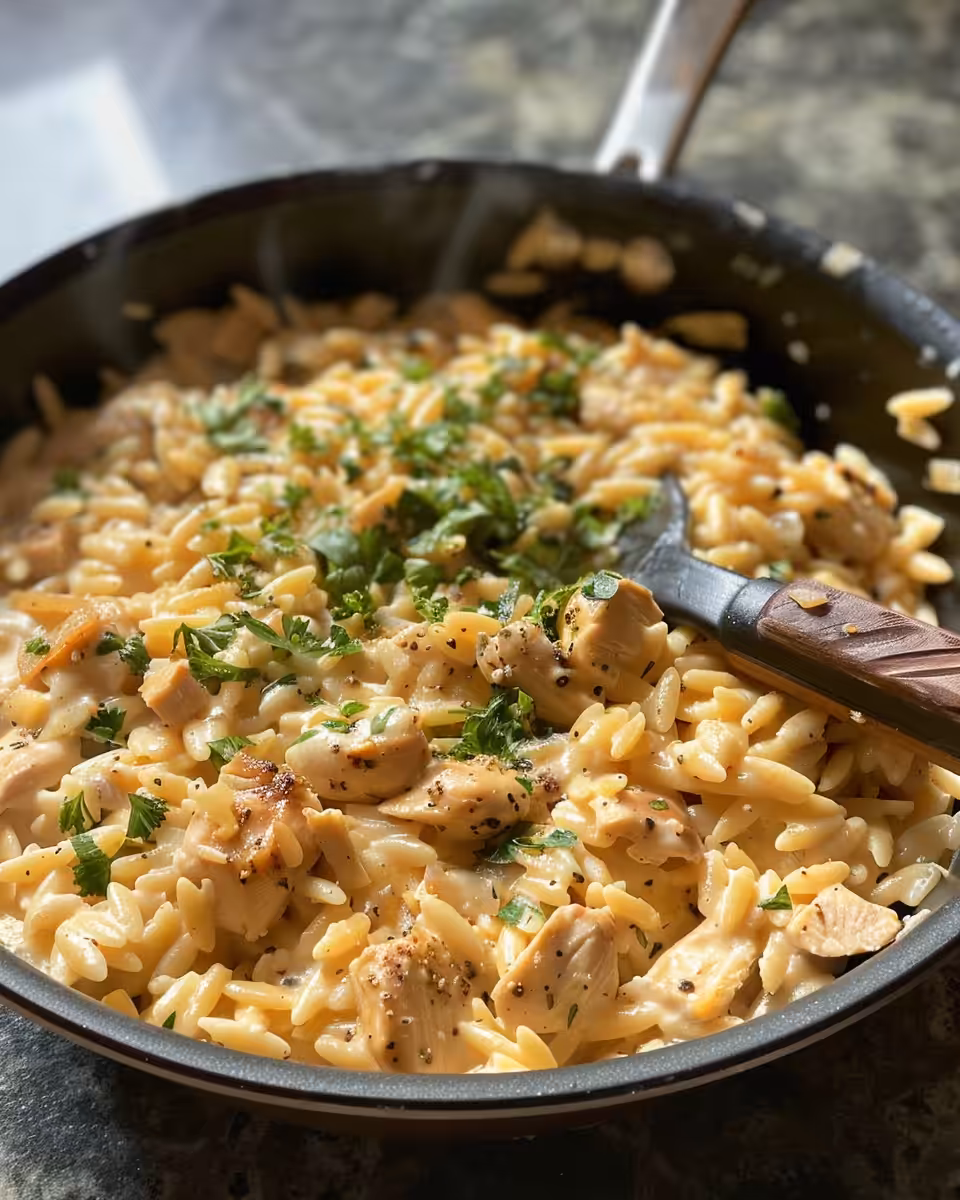 Final serving of creamy Cajun chicken orzo with spinach and lemon
