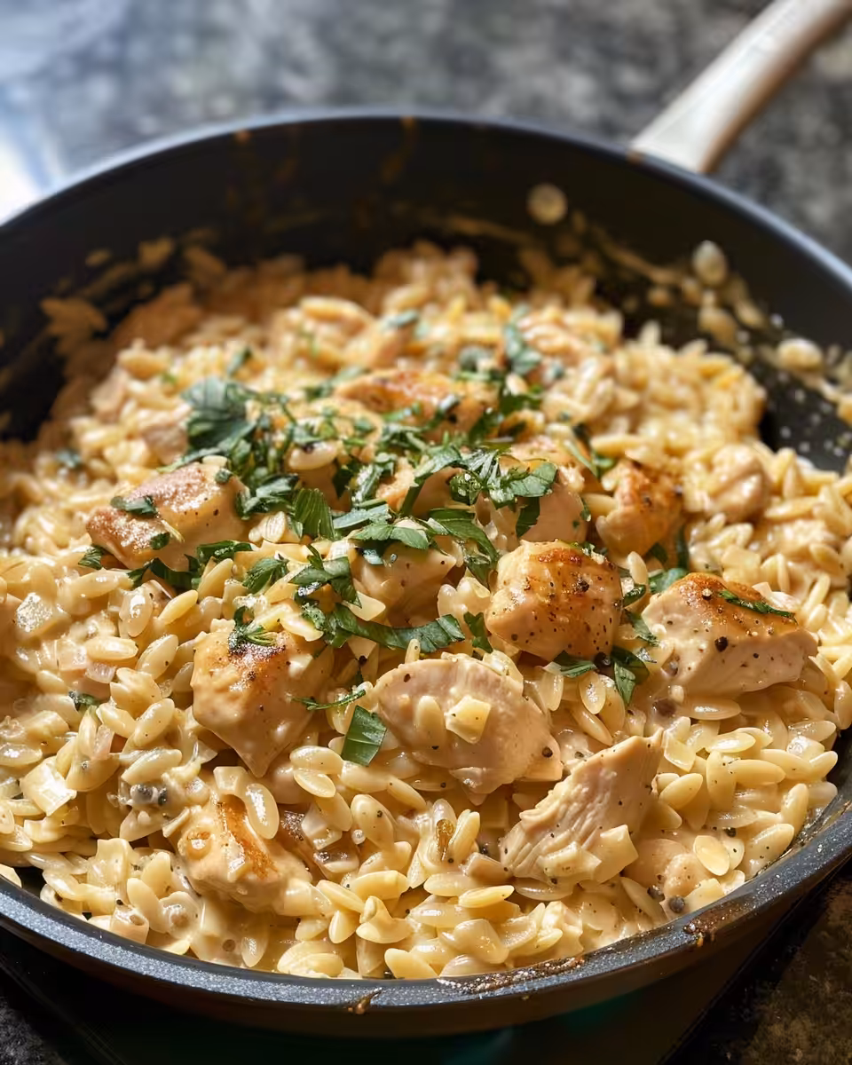 Creamy Cajun chicken orzo steaming hot in a pot
