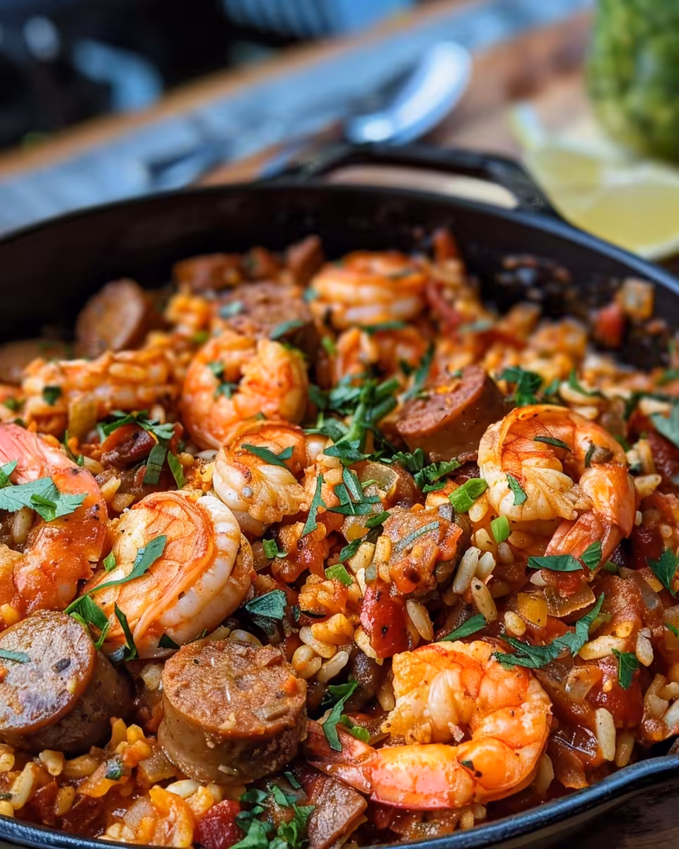Ingredients for shrimp and sausage jambalaya including rice, sausage, spices, and vegetables