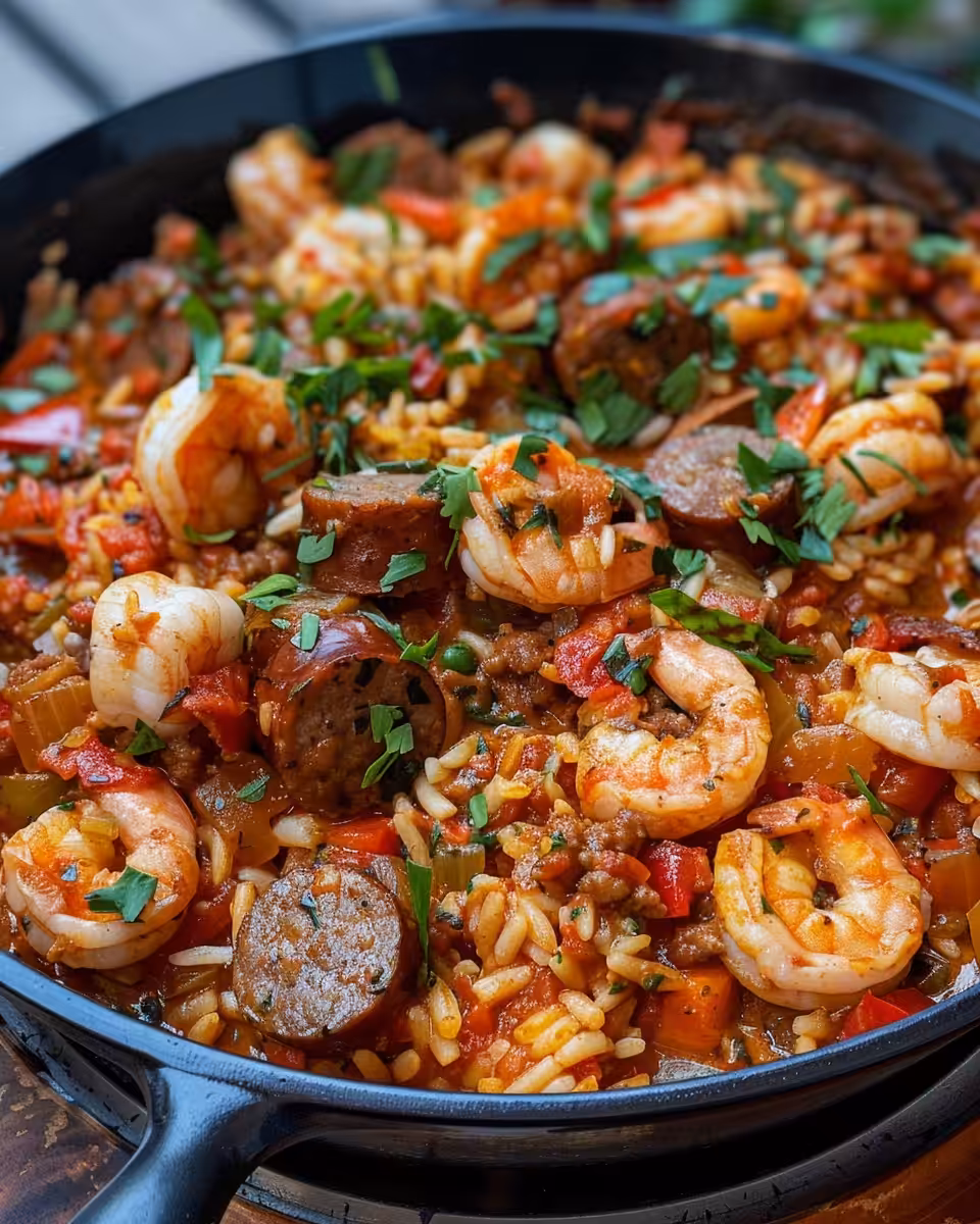 Final plated shrimp and sausage jambalaya with scallions garnish