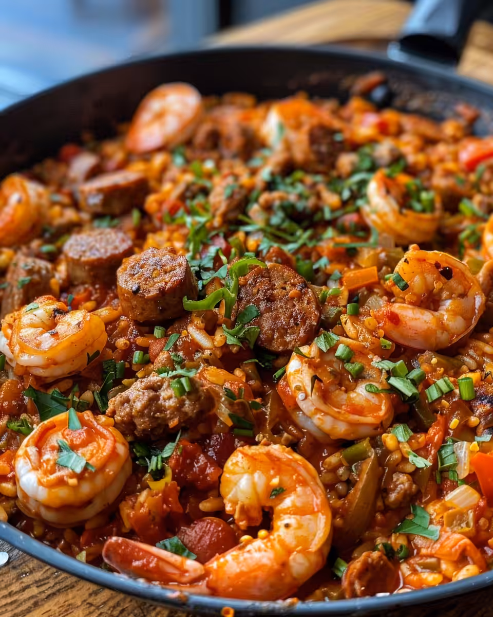 Freshly cooked one pot shrimp and sausage jambalaya steaming in the pressure cooker