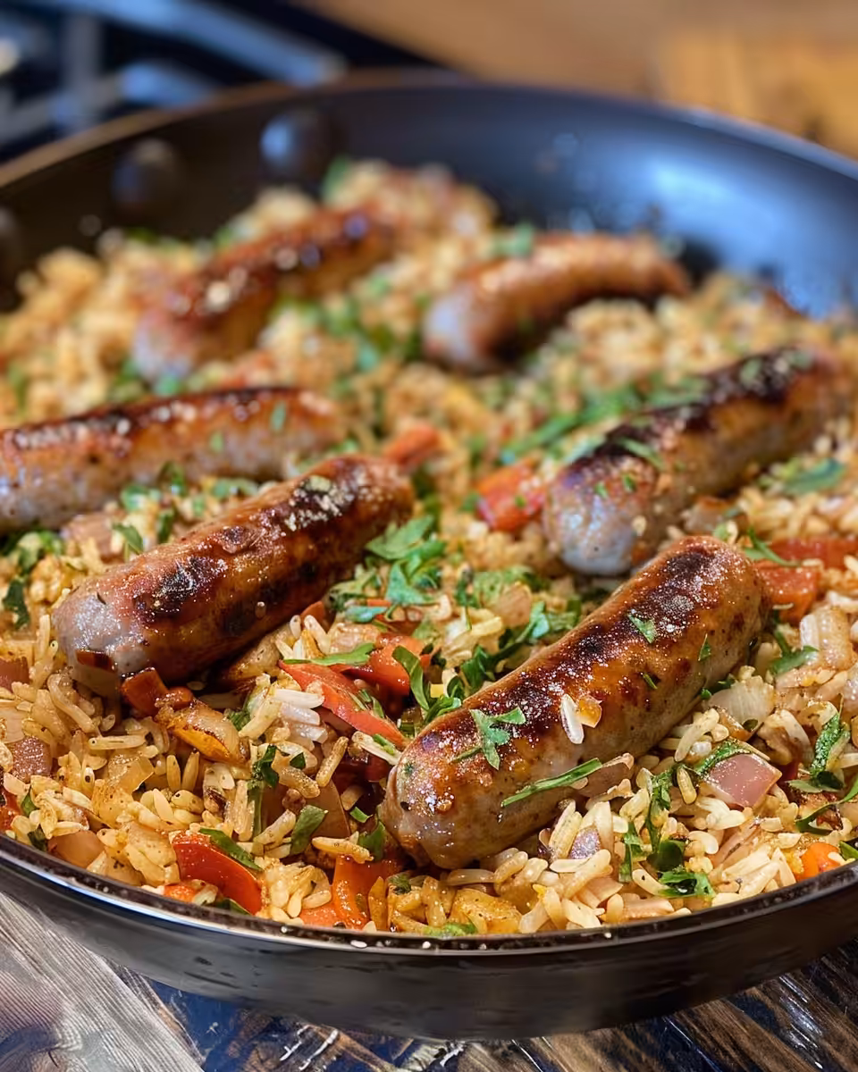 Final Cajun sausage and rice dish plated and garnished