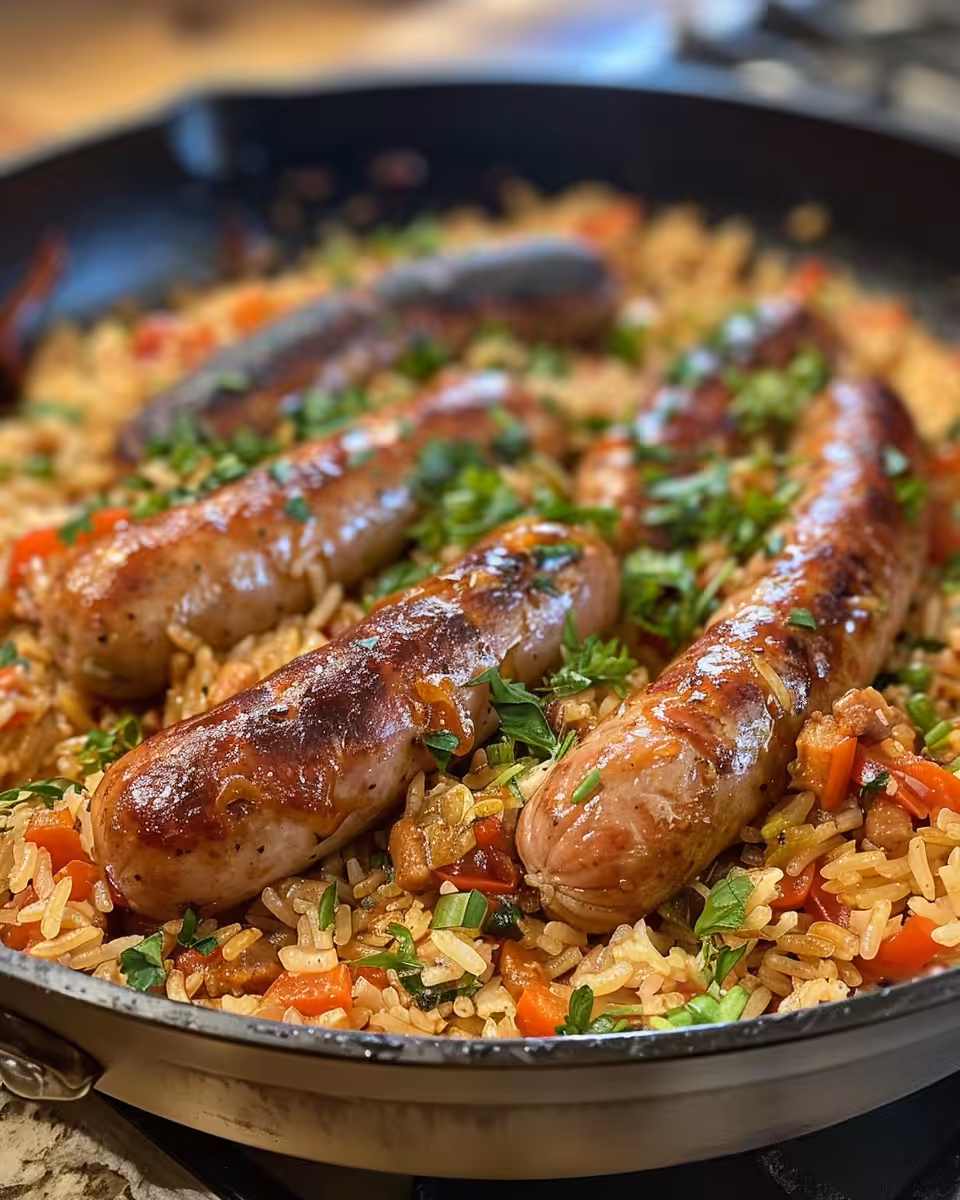 Smoky Andouille sausage cooking in pressure cooker