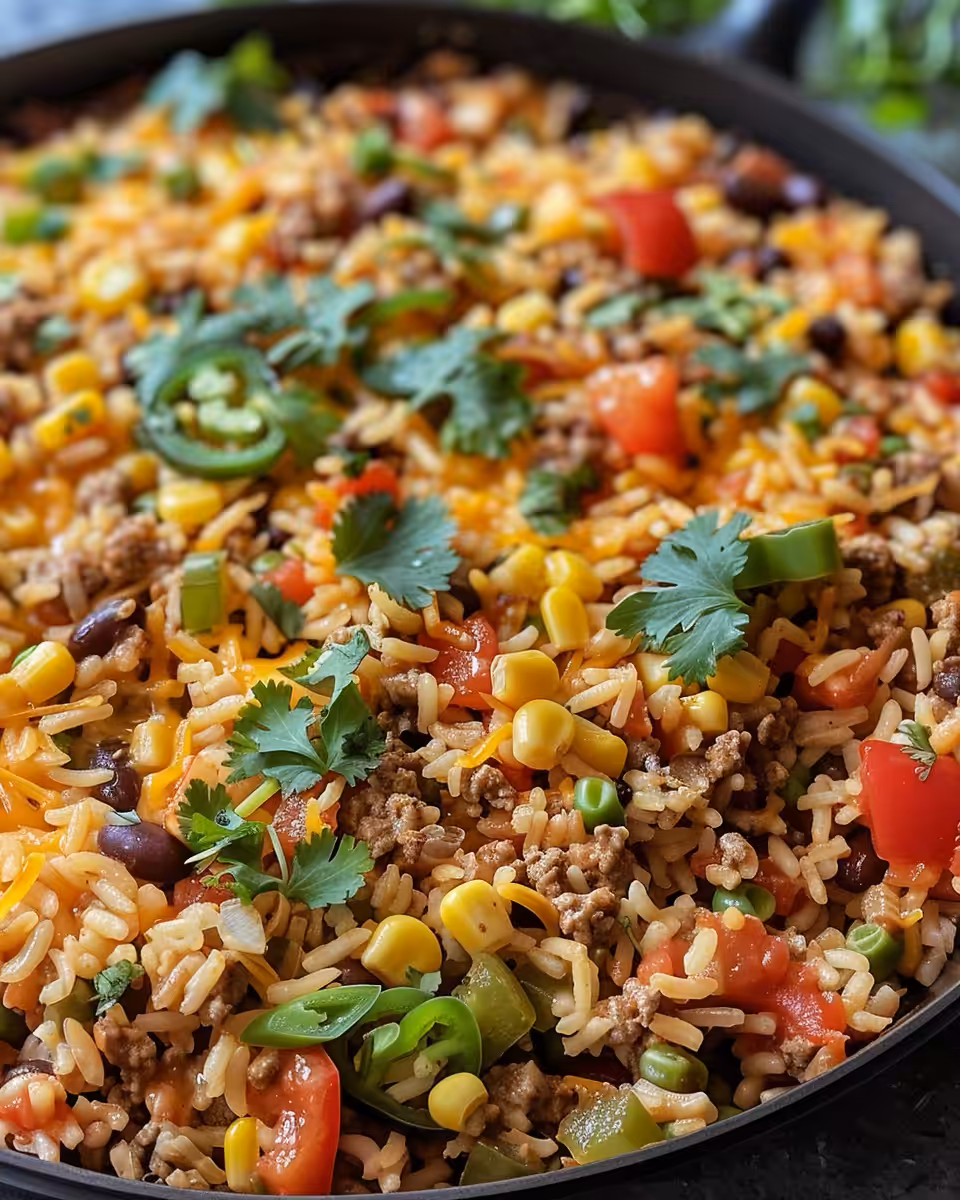 Ingredients for Mexican chicken rice skillet including chicken, peppers, beans, and rice in skillet