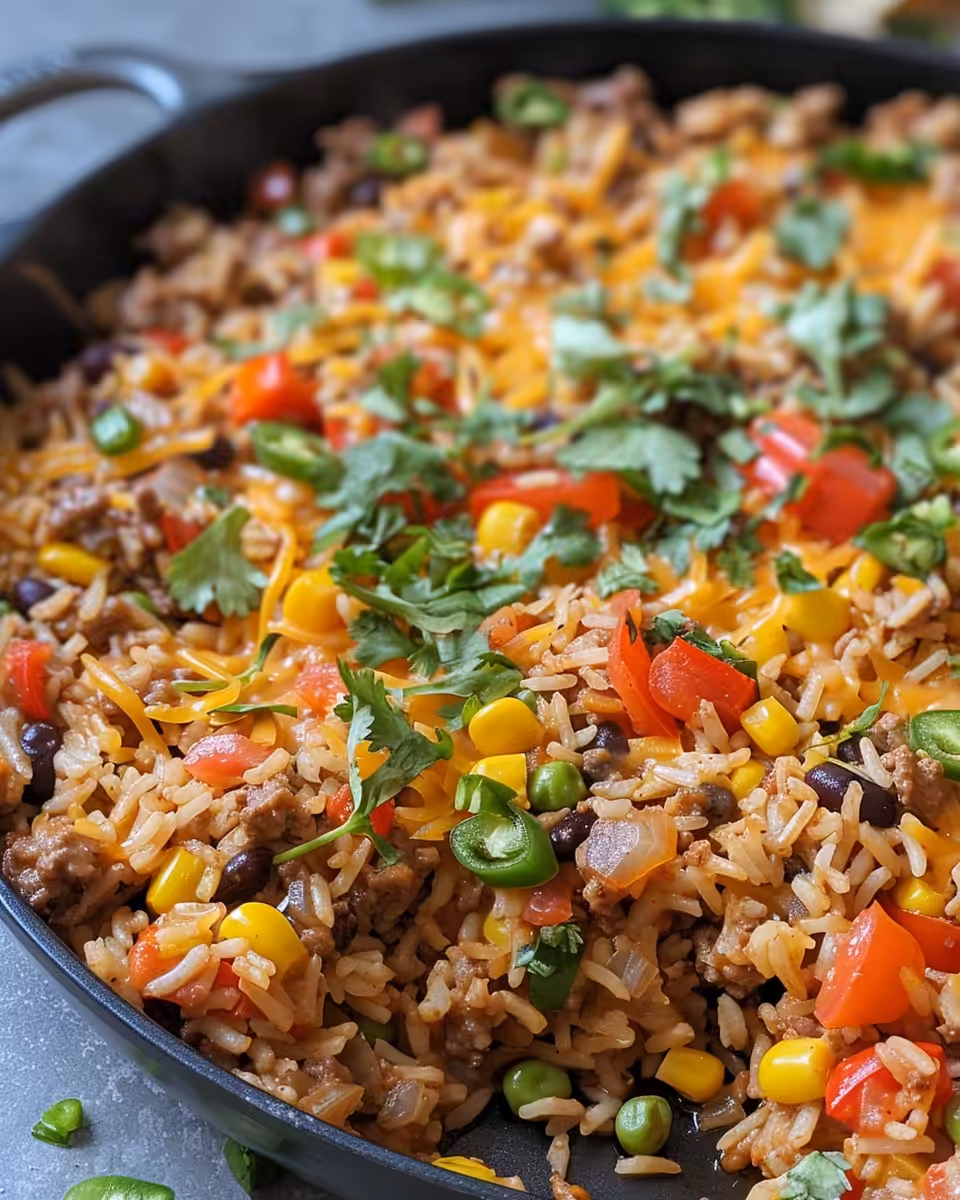 Finished Mexican chicken and rice skillet with melted cheese and fresh toppings