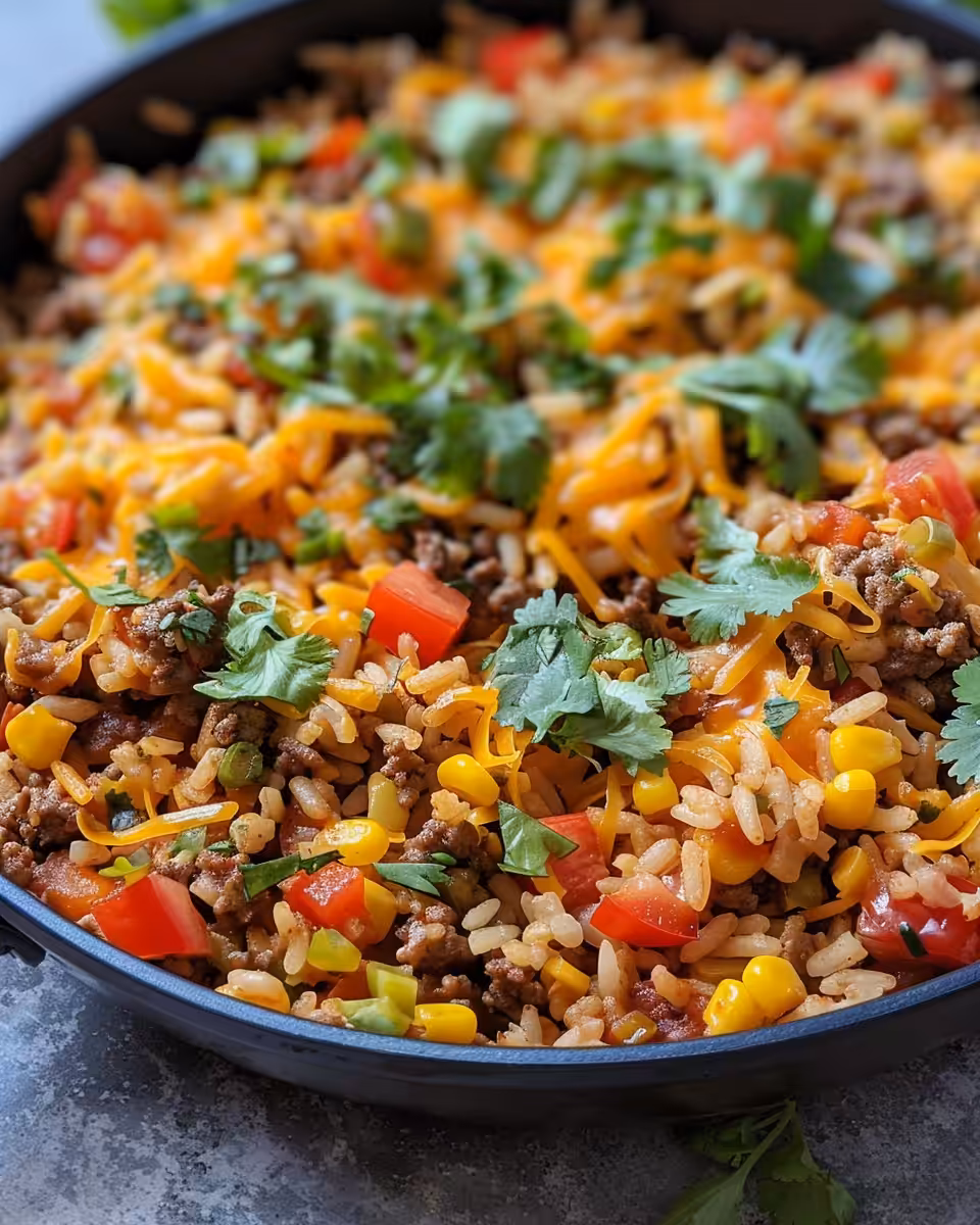 One skillet Mexican chicken and rice casserole in cooking pot just before pressure cooking