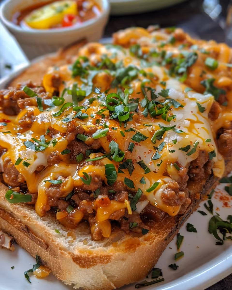 Final plated open-faced garlic toast sloppy joes garnished with parsley