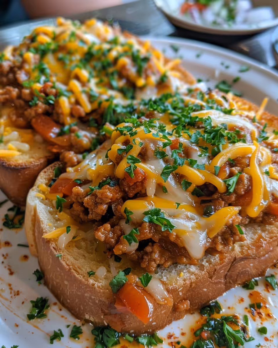 Open-faced garlic toast sloppy joes served on plate fresh from oven