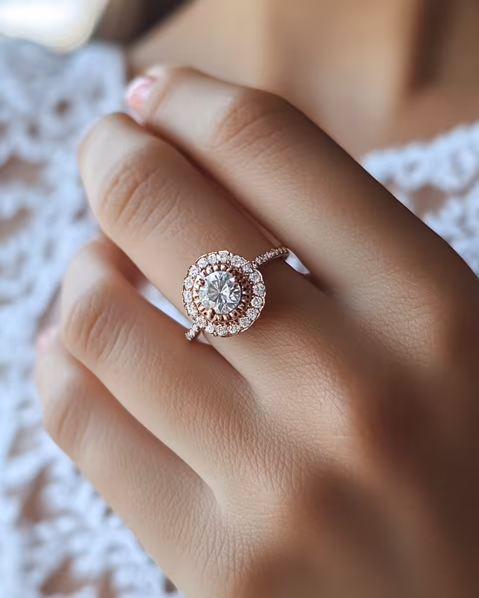 Close-up of lotus mandala engagement ring with trillion-cut alexandrite gemstone