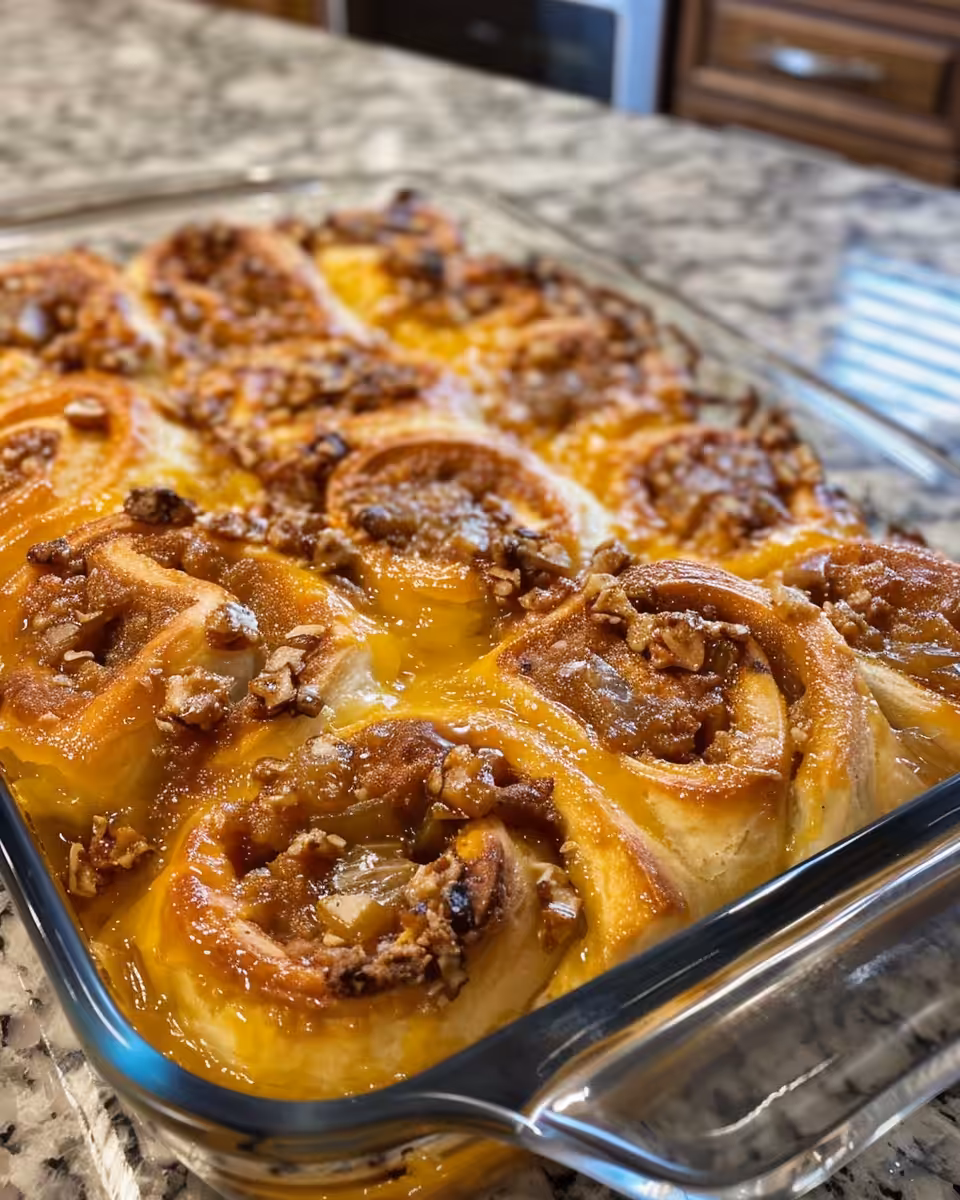 Golden crust and creamy interior of orange roll casserole fresh from the oven