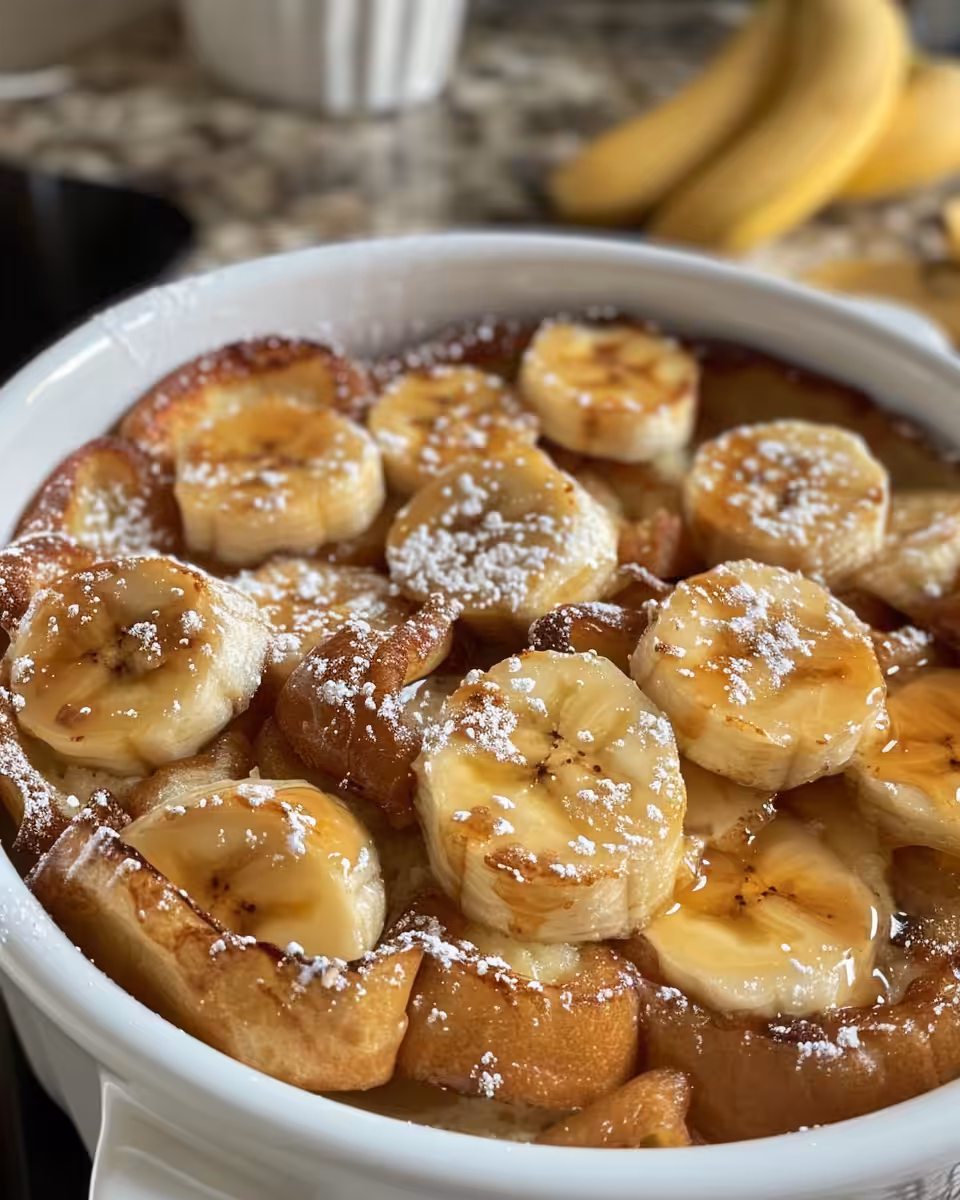 Ingredients including ripe bananas, brown sugar, eggs, French bread cubes for French toast casserole
