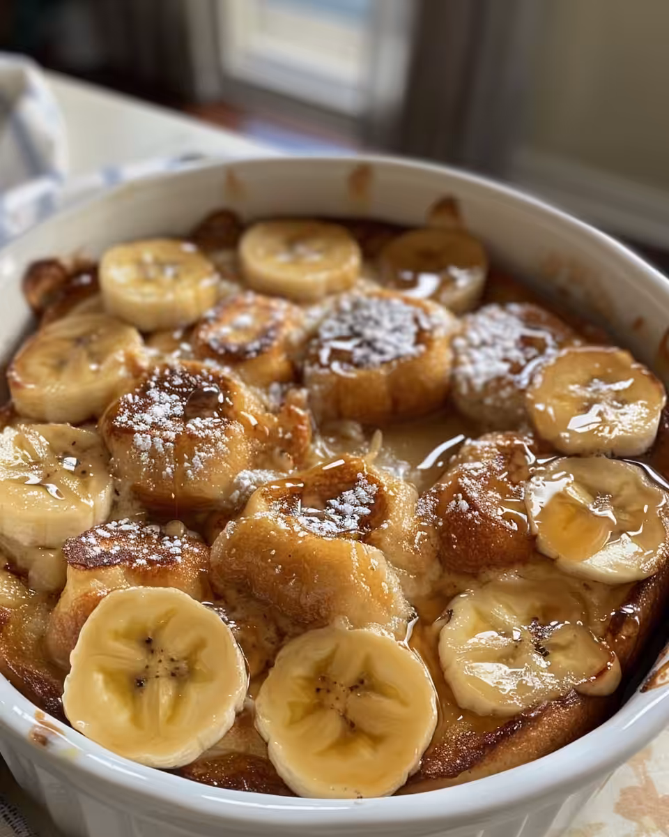 Final golden brown banana French toast casserole ready to serve