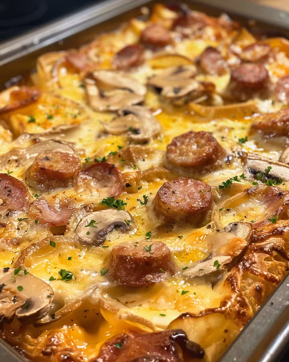 Ingredients and preparation steps for pancake sausage casserole in a baking dish