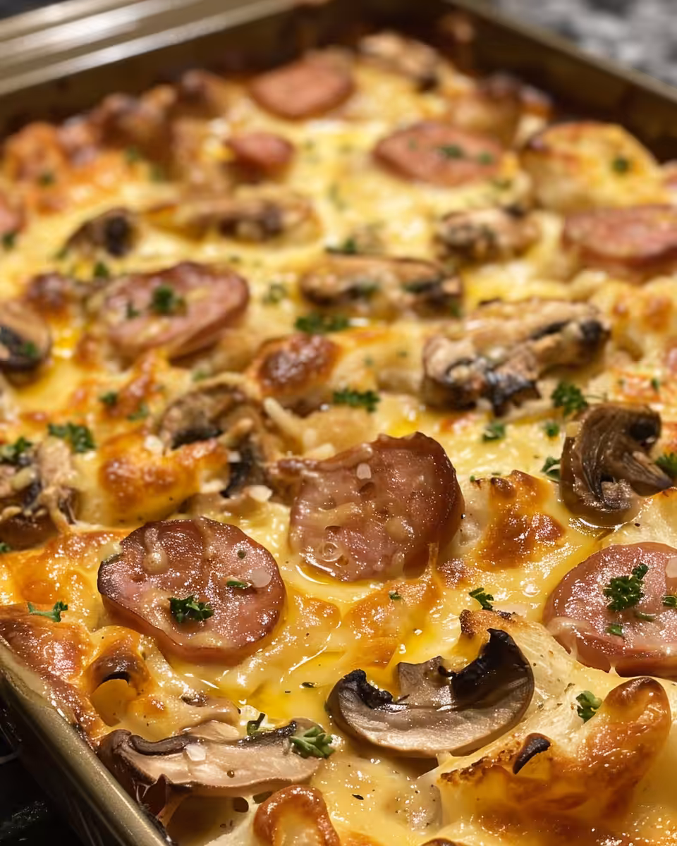 Serving the pancake sausage casserole with syrup drizzling