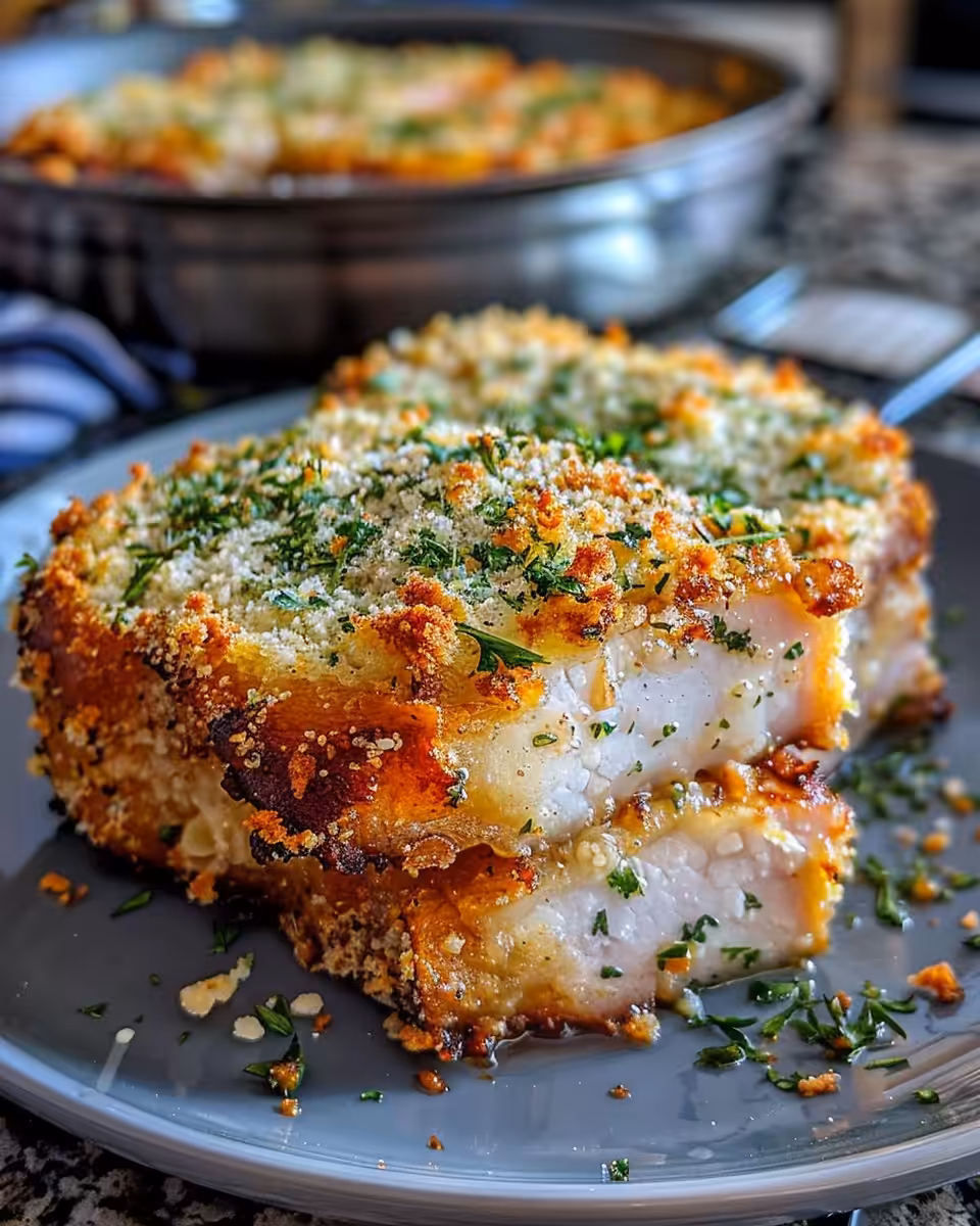 Plate of finished Parmesan crusted pork chops ready to serve