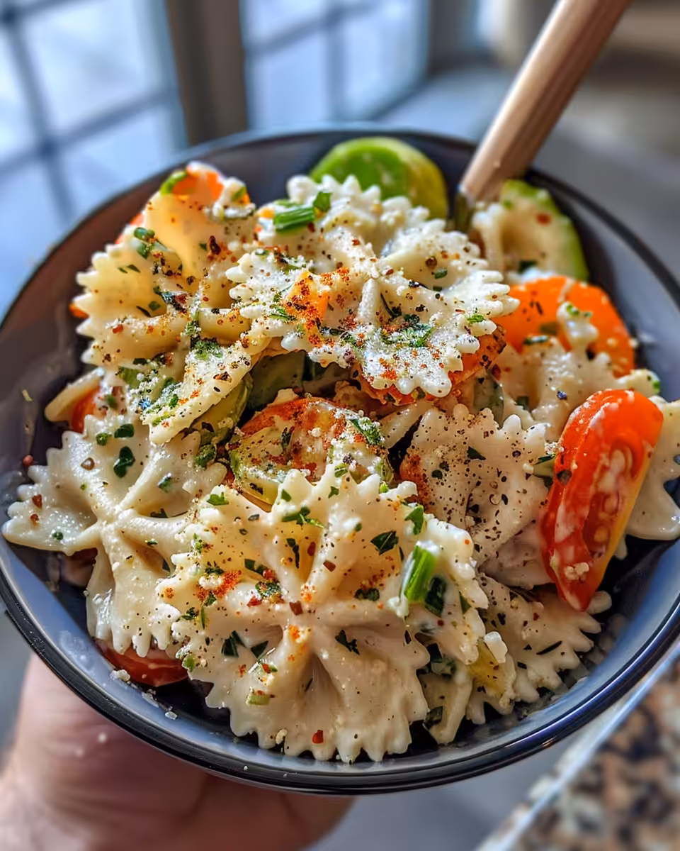 Ingredients for bowtie pasta salad in bowl