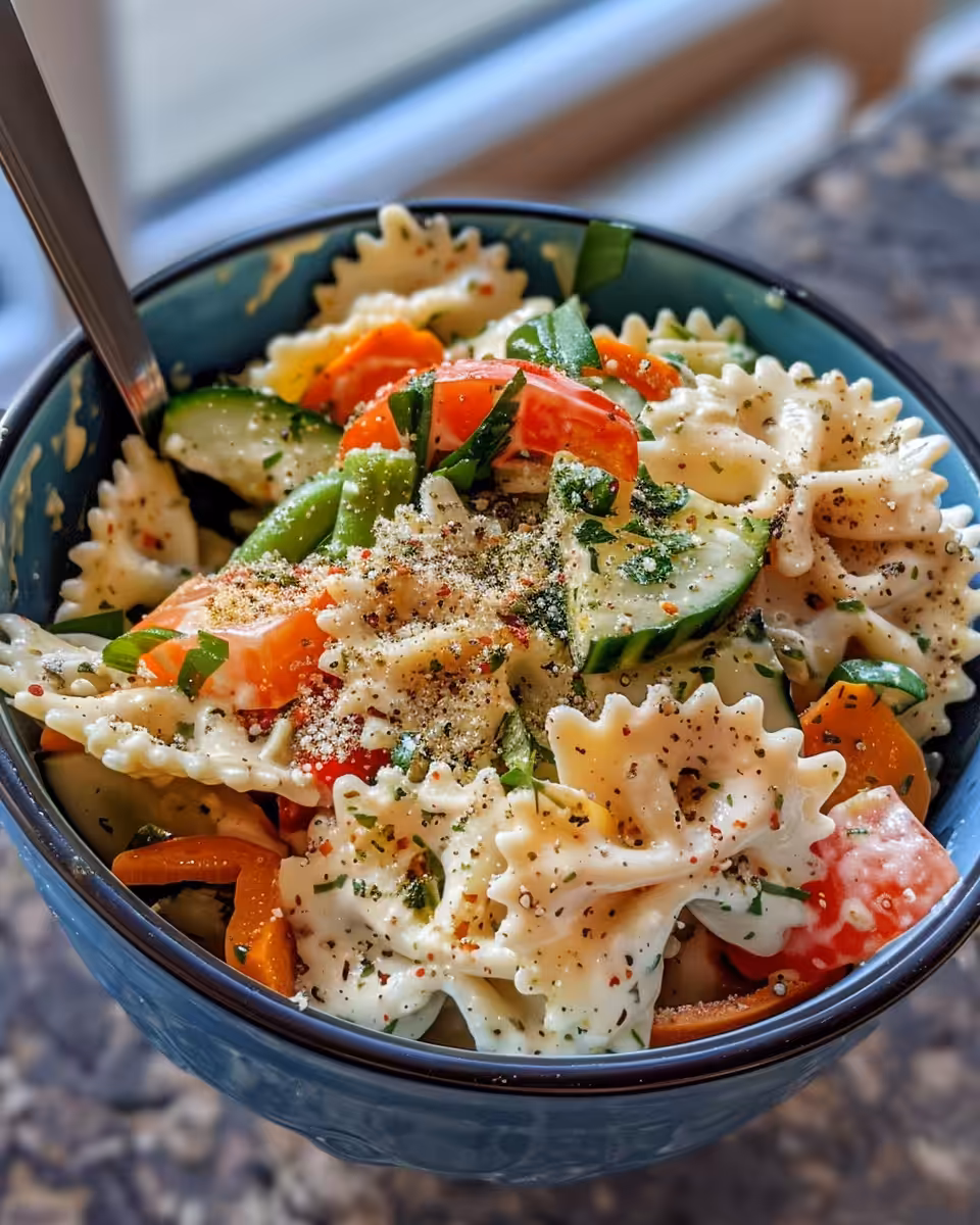 Finished bowtie pasta salad with parsley garnish