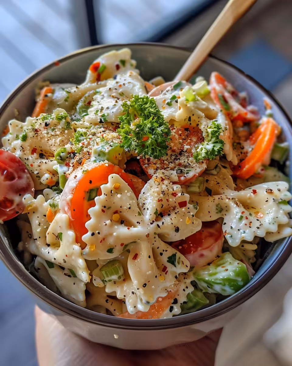 Bowtie pasta salad fresh in pressure cooker with steam