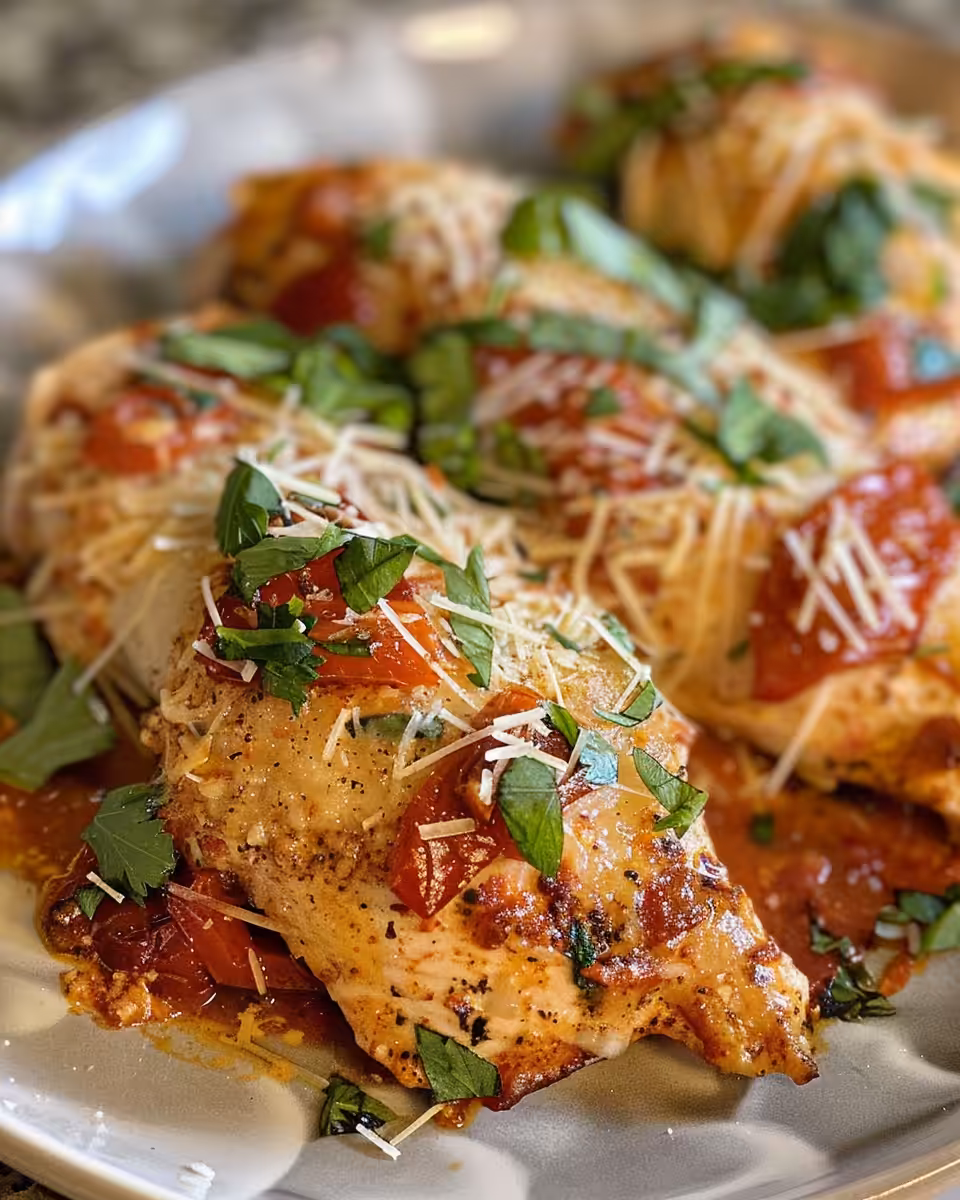 Finished creamy roasted red pepper chicken plated and garnished with parsley