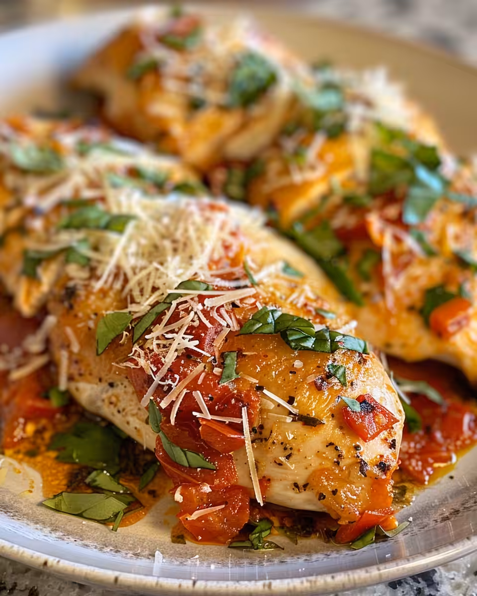 Close up of creamy roasted red pepper chicken in skillet with parmesan and sauce
