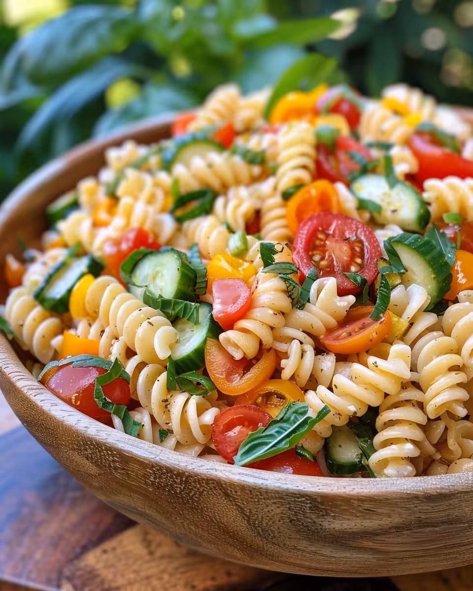Chopped ingredients for pasta salad ready to mix