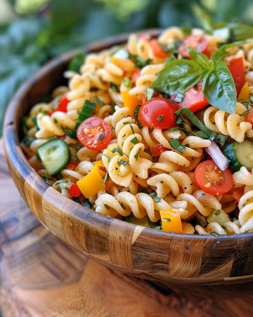 Final plated pressure cooker pasta salad served fresh and colorful