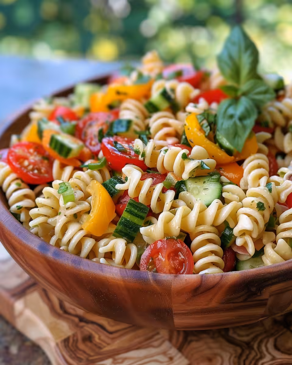 Pressure cooker pasta salad with fresh veggies and dressing in bowl
