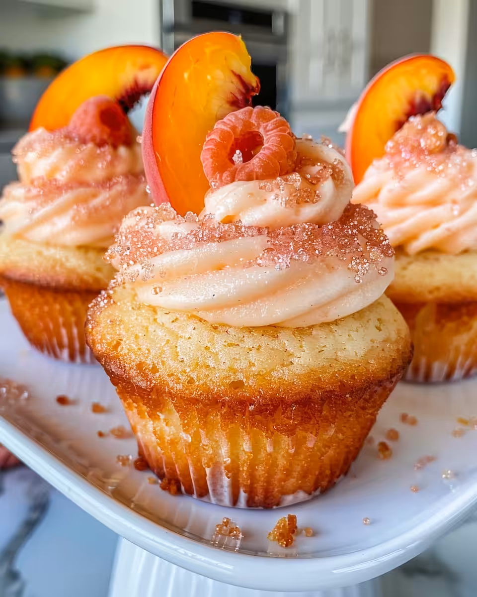 Finished peach Bellini cupcakes with creamy frosting served