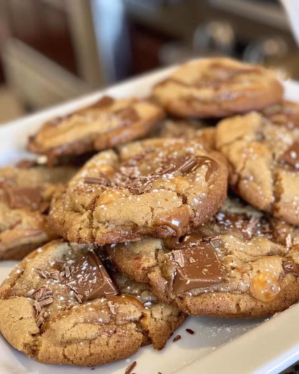 Plated Caramel Peanut Butter Chocolate Chip Cookies ready to serve