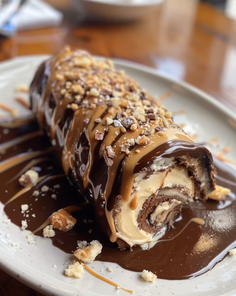 Final plated chocolate peanut butter cake roll with ganache drizzle