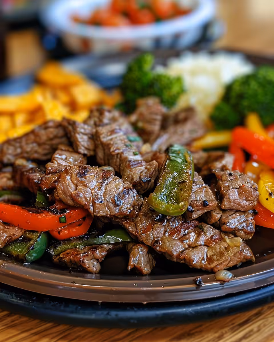 Key fresh ingredients for pepper steak including bell peppers, onions, and beef strips