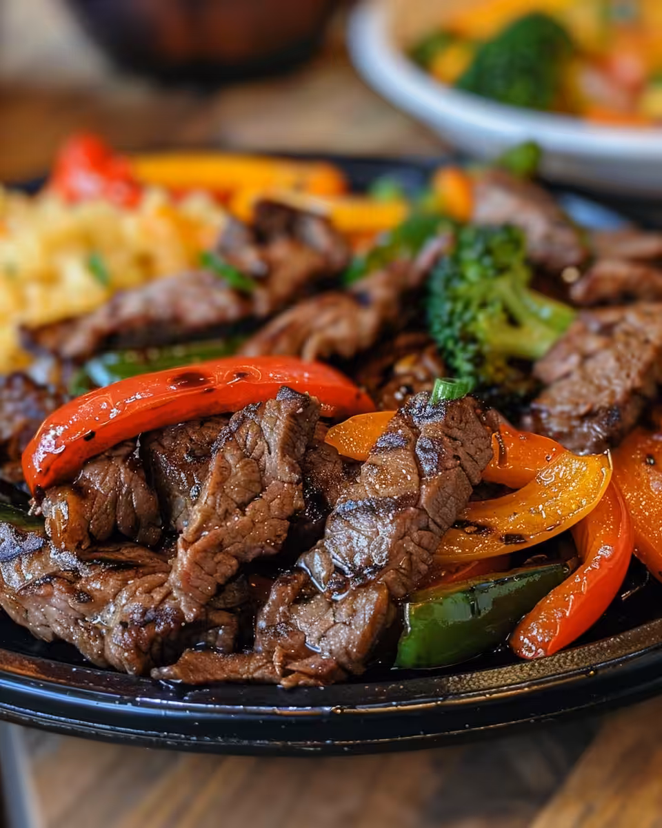 A delicious plate of cooked pepper steak with bell peppers and onions ready to serve