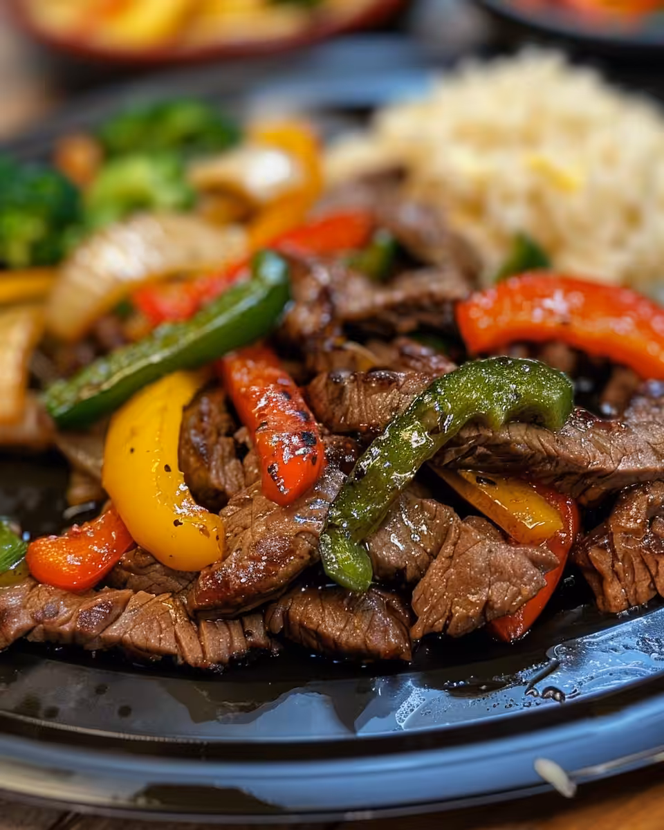Tender pepper steak cooking in the pressure cooker with bell peppers and onions