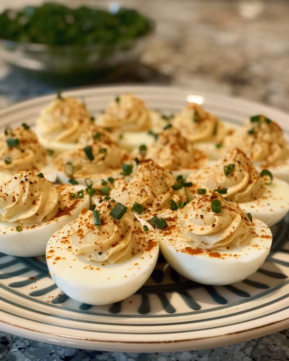 Final plated deviled eggs ready to serve