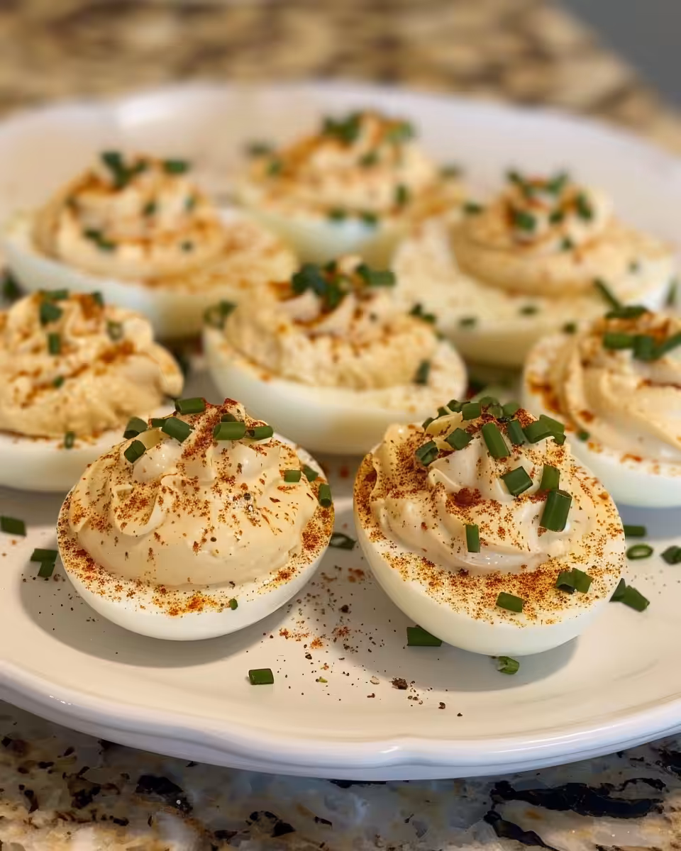 Classic deviled eggs freshly prepared in bowl