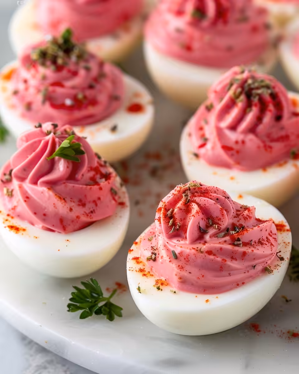 Ingredients for deviled eggs including eggs, mayo, mustard, sour cream, and pink dye