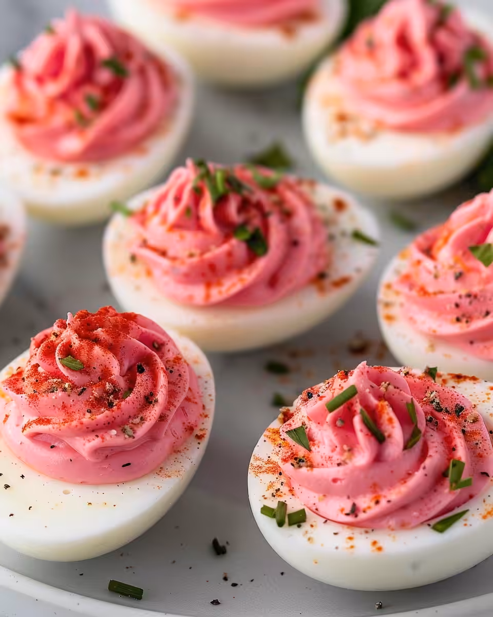 Finished deviled eggs topped with fresh sprouts served on a plate